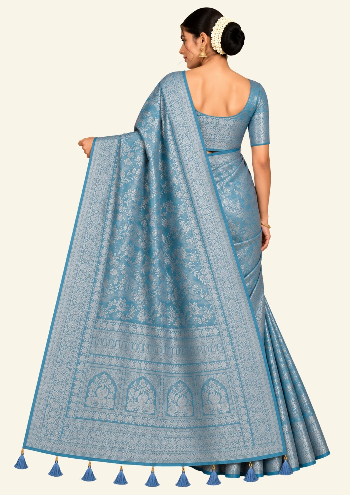 Thara Silk in Turquoise Blue Base with Floral works