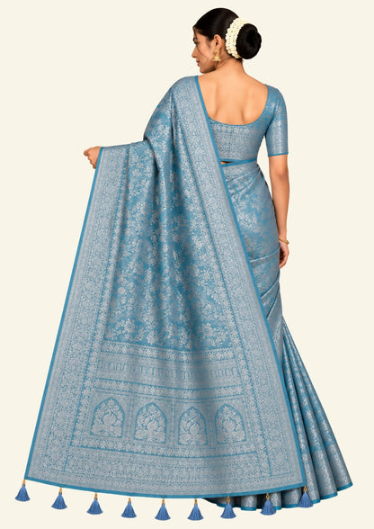 Thara Silk in Turquoise Blue Base with Floral works