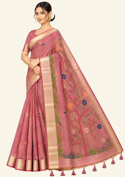Varnica Tussar Soft peach pink shade with a subtle golden undertone