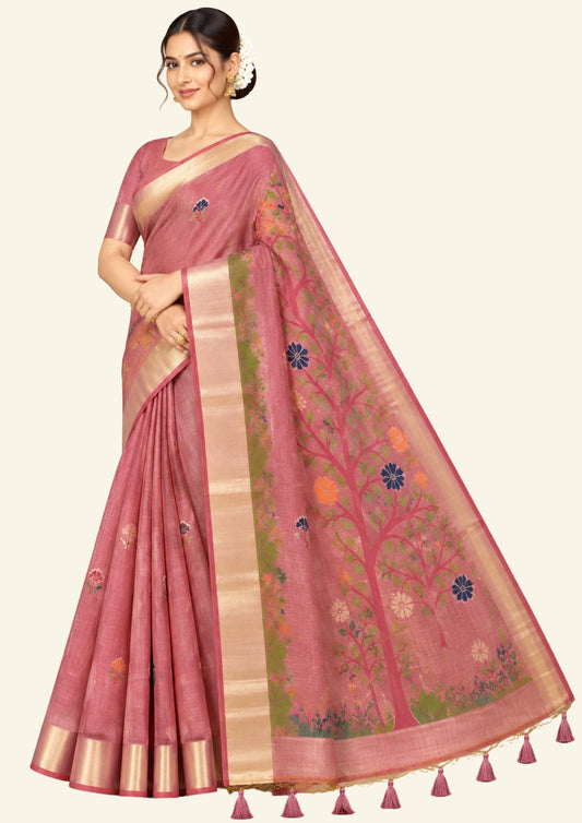 Varnica Tussar Soft peach pink shade with a subtle golden undertone