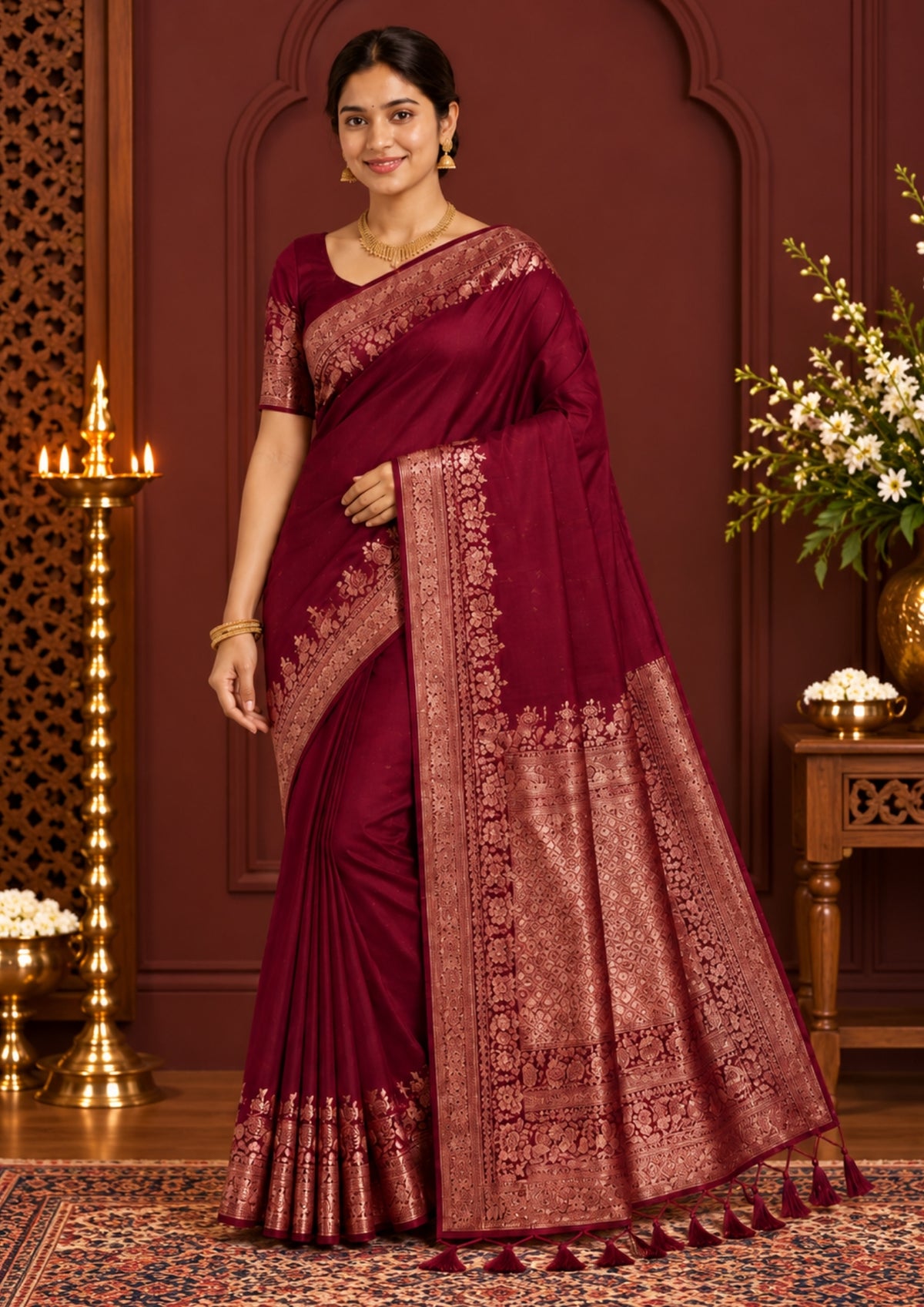 Deep Wine Madhur Sangam Silk saree with Gold and Copper Zari