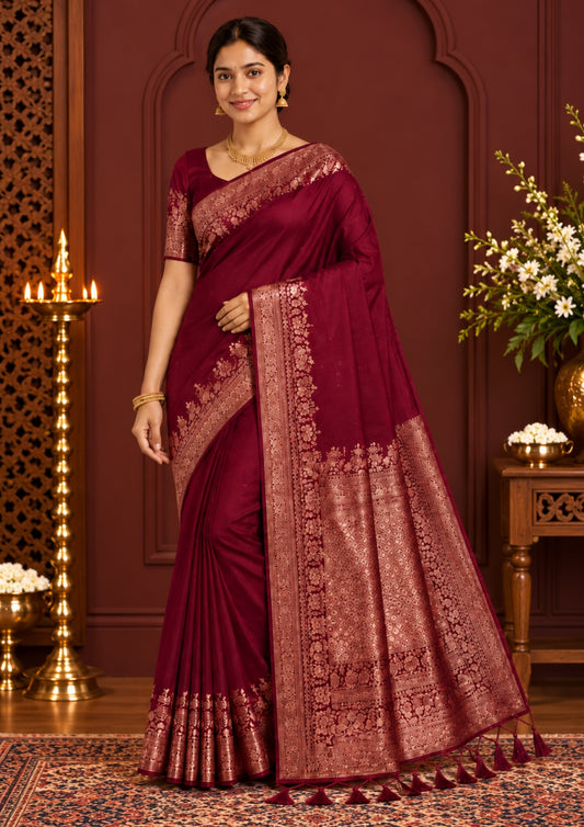 Deep Wine Madhur Sangam Silk saree with Gold and Copper Zari