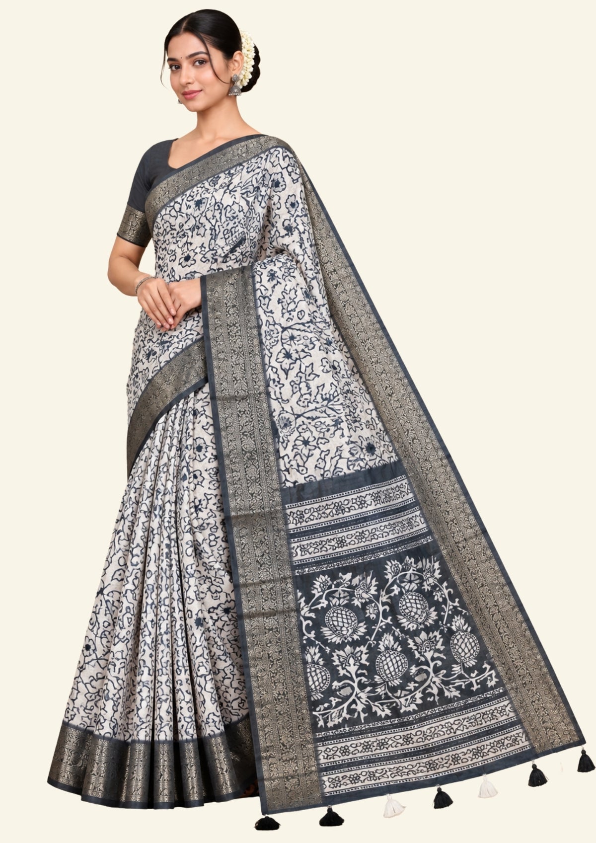 Vrishti Comfort in Soft Ivory with Black Floral prints