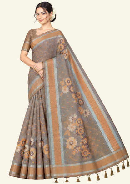 Warm brown Palayam Silk Tussar with soft grey border