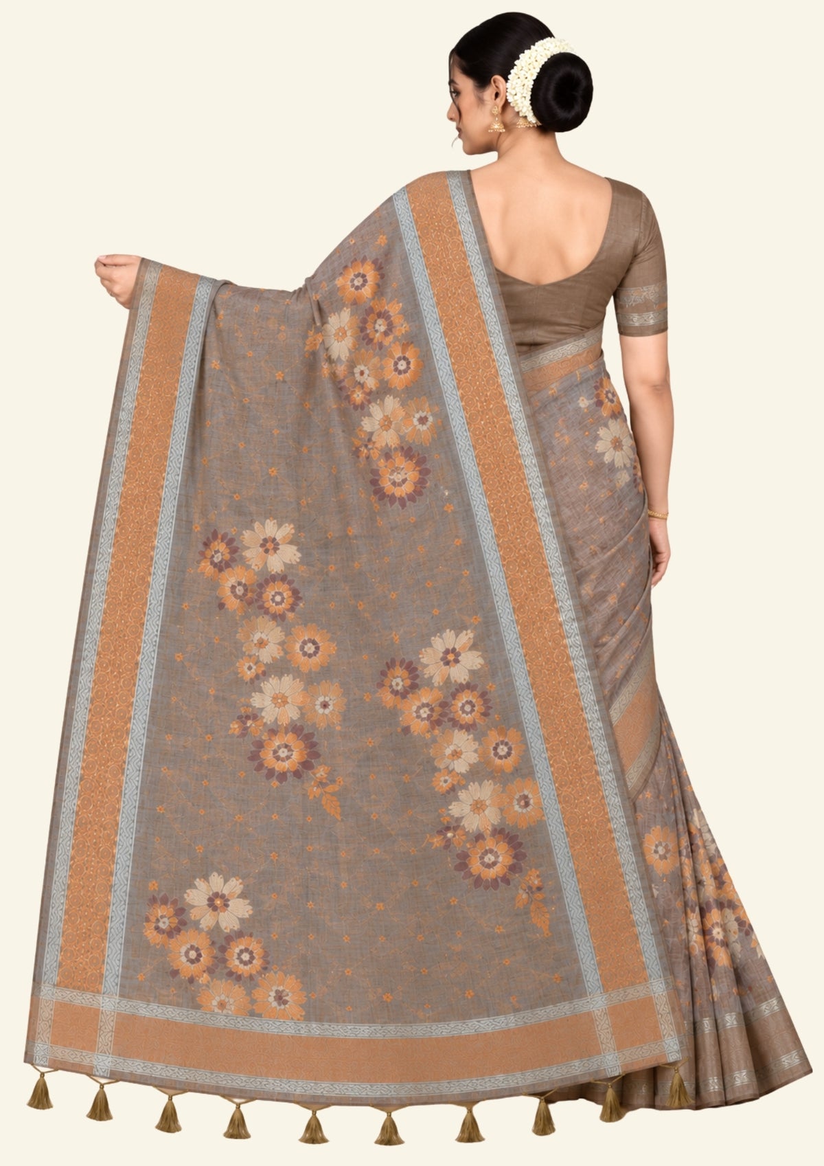 Warm brown Palayam Silk Tussar with soft grey border