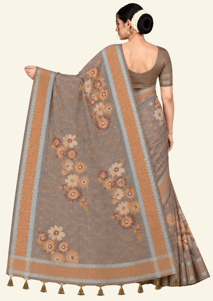 Warm brown Palayam Silk Tussar with soft grey border