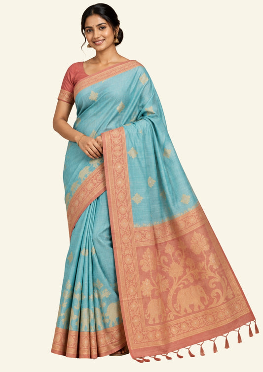 Aqua Blue Ambari Tussar with Rust border