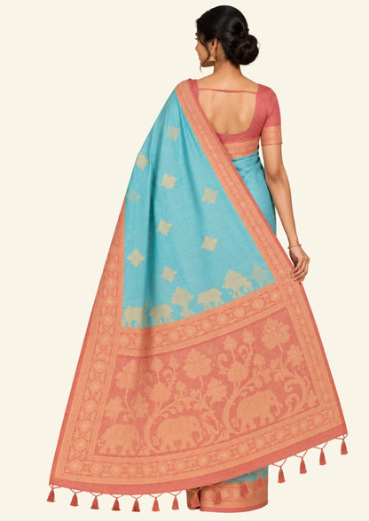 Aqua Blue Ambari Tussar with Rust border