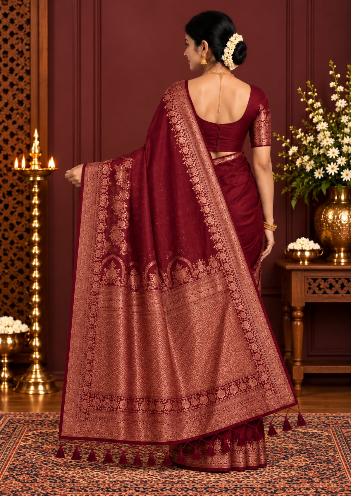 Deep Wine Madhur Sangam Silk saree with Gold and Copper Zari