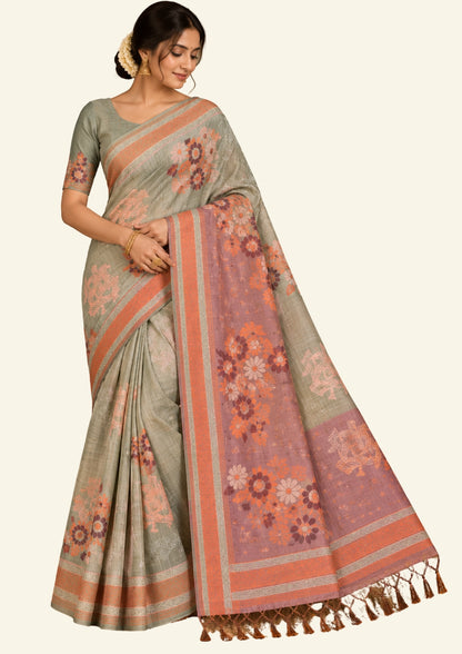 Olive green Palayam Silk Tussar with Copper and Mauve border