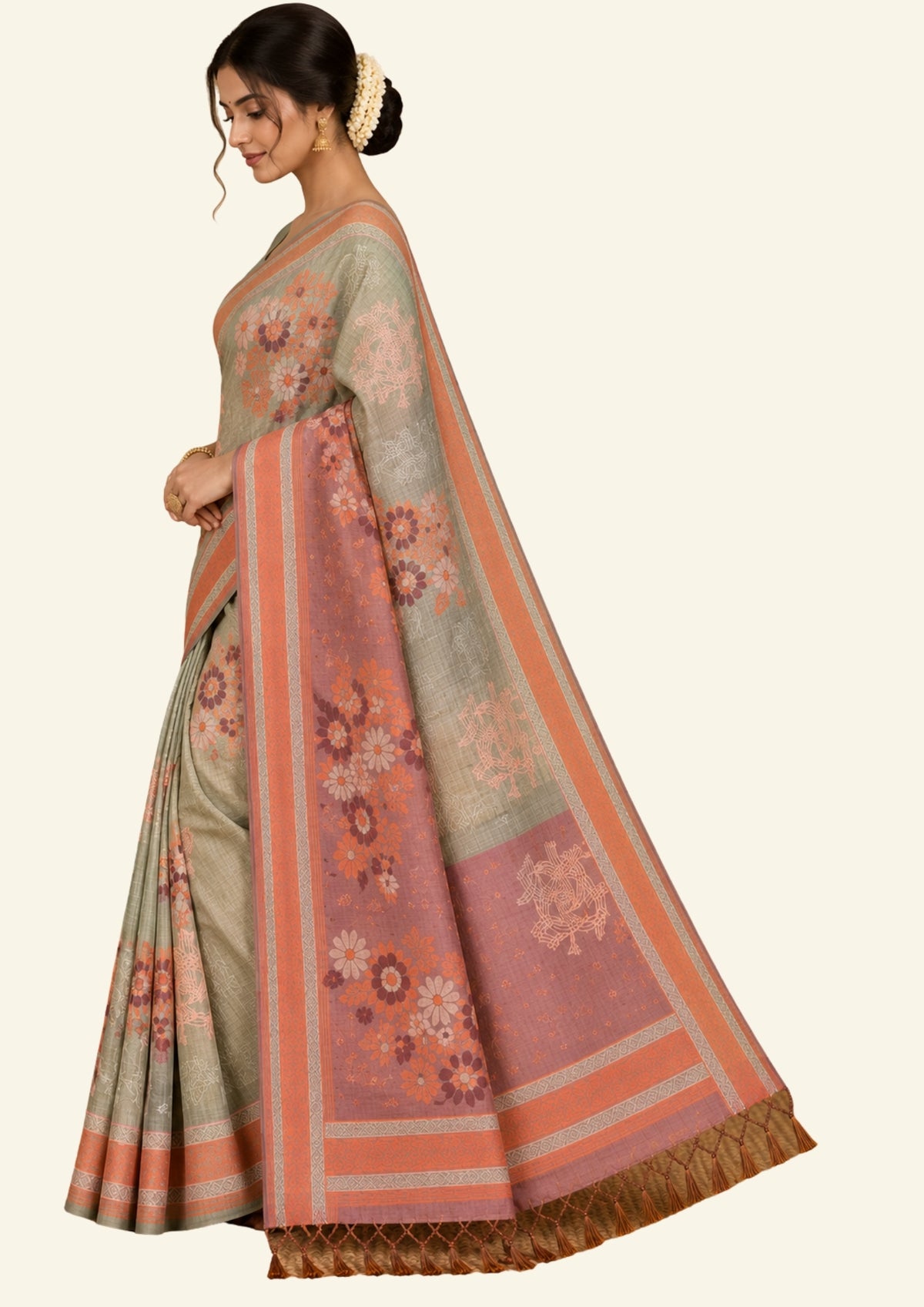 Olive green Palayam Silk Tussar with Copper and Mauve border