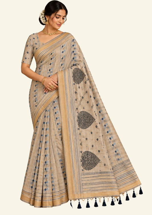 Beige Ishvani Tussar saree with black tassels