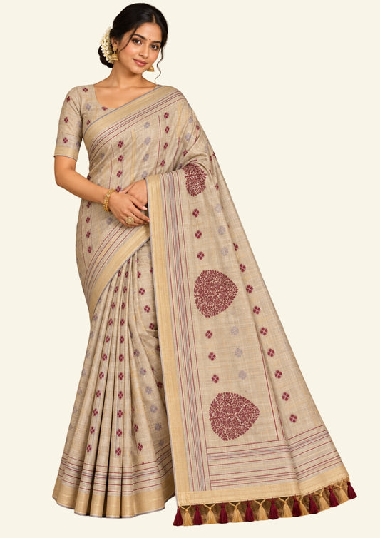 Beige Ishvani Tussar saree with Maroon tassels