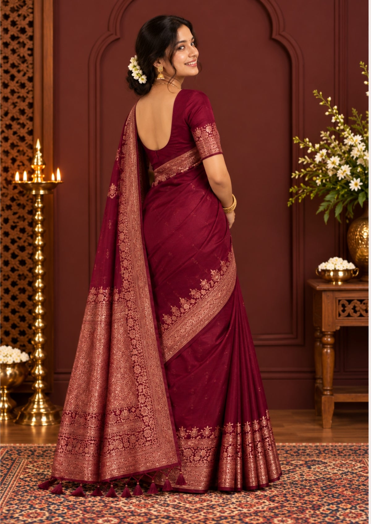 Deep Wine Madhur Sangam Silk saree with Gold and Copper Zari