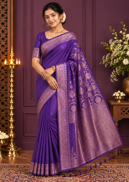 Deep Purple Madhur Sangam Silk Saree with Gold Zari