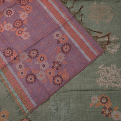 Olive green Palayam Silk Tussar with Copper and Mauve border