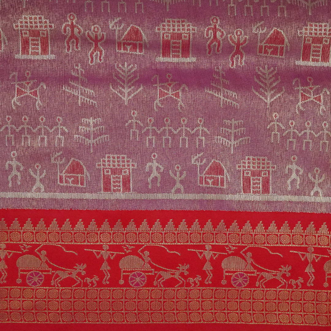 Crimson Red Stravi Silk with lavender - pink pallu and Gold Zari