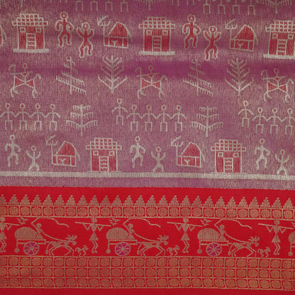 Crimson Red Stravi Silk with lavender - pink pallu and Gold Zari