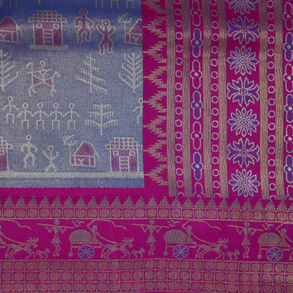 Magenta Stravi Silk Saree with lavender pall and Gold Zari.