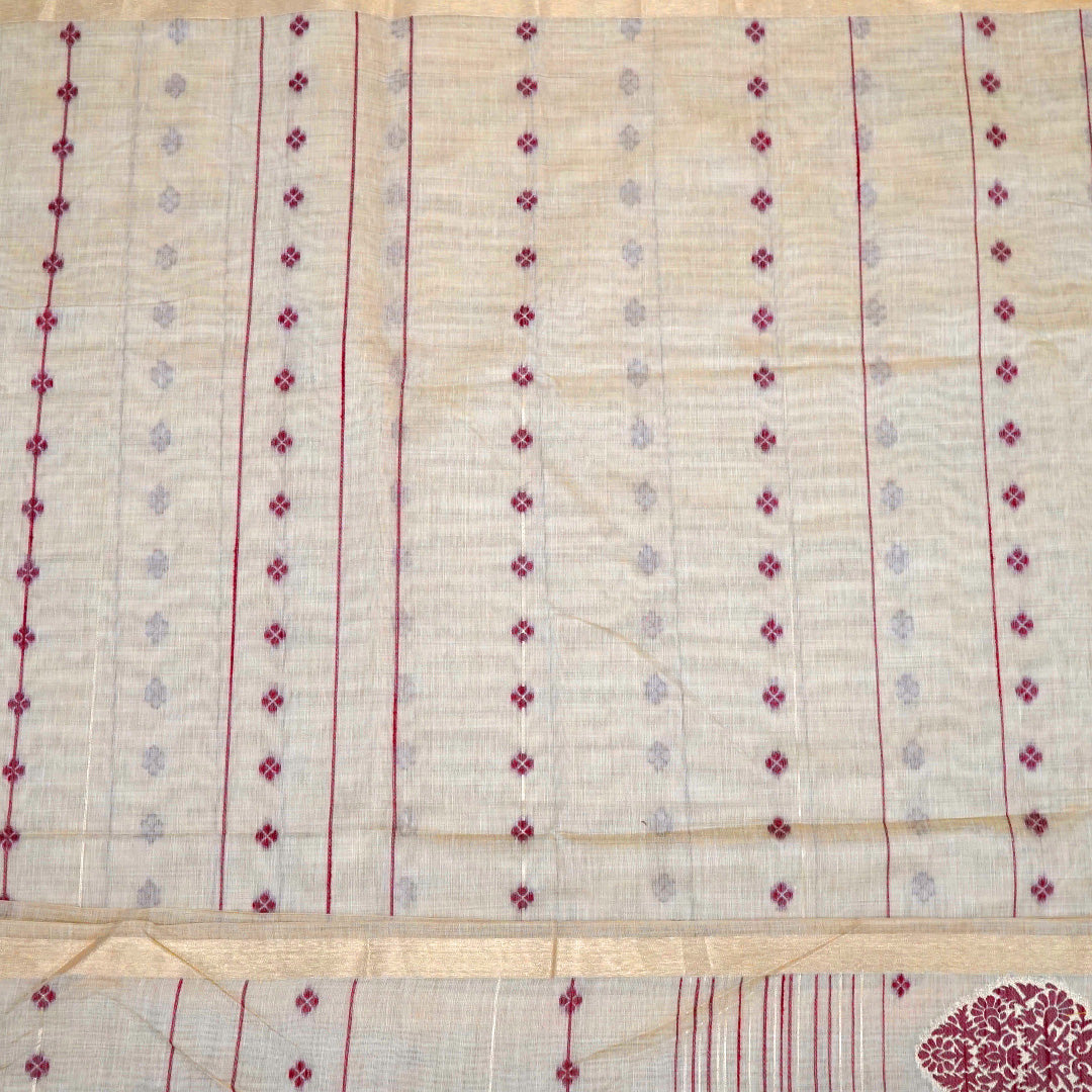 Beige Ishvani Tussar saree with Maroon tassels