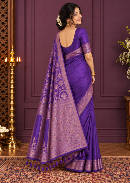 Deep Purple Madhur Sangam Silk Saree with Gold Zari