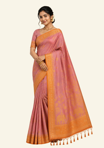 Dusty Rose Ambari Silk Saree with Gold Zari Floral Buttas