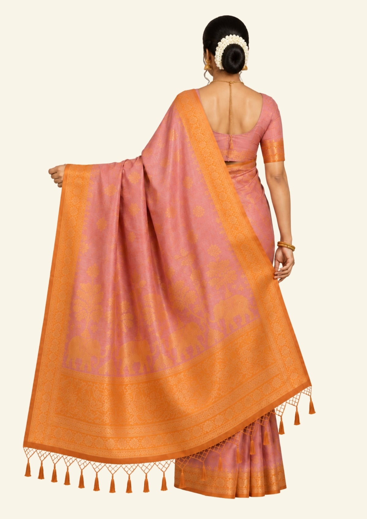 Dusty Rose Ambari Silk Saree with Gold Zari Floral Buttas