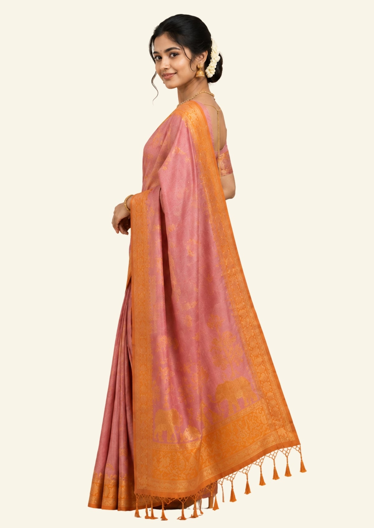 Dusty Rose Ambari Silk Saree with Gold Zari Floral Buttas