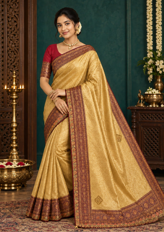 Golden cream Raj Virasat Silk saree with Deep purple base and heavy embroidery.