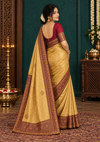 Golden cream Raj Virasat Silk saree with Deep purple base and heavy embroidery.