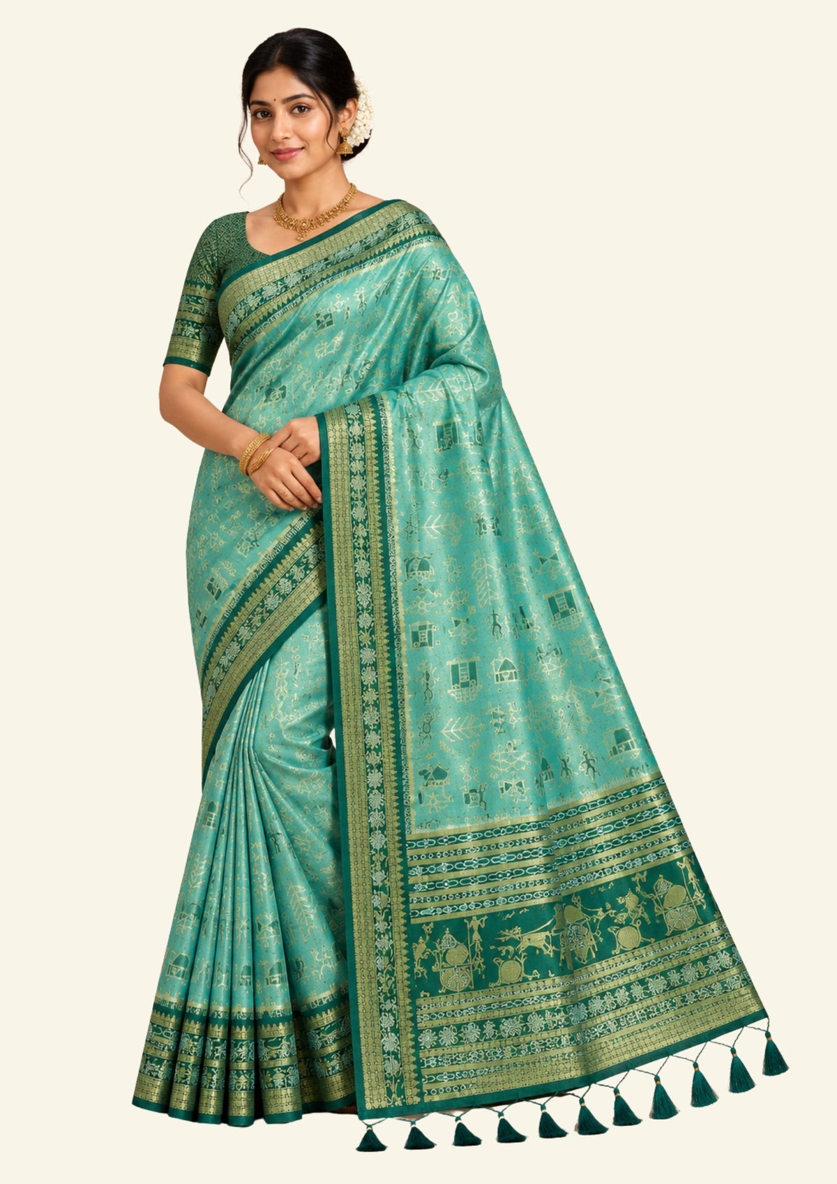 Emerald Green Stravi Silk with Golden Zari