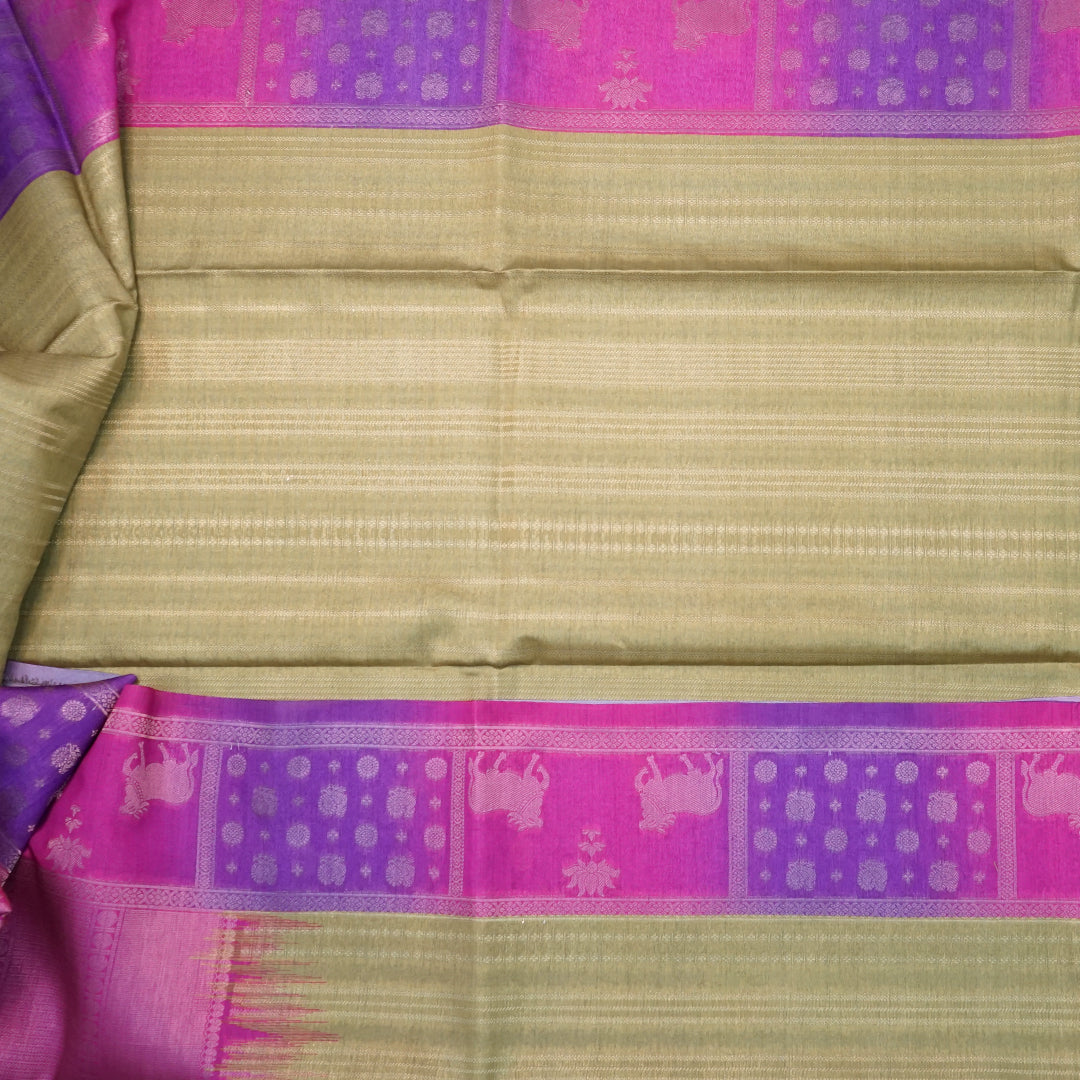 Pista Green Gokul Tussar with Pink and purple border