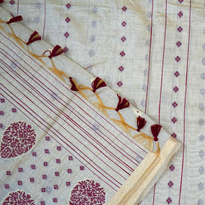 Beige Ishvani Tussar saree with Maroon tassels