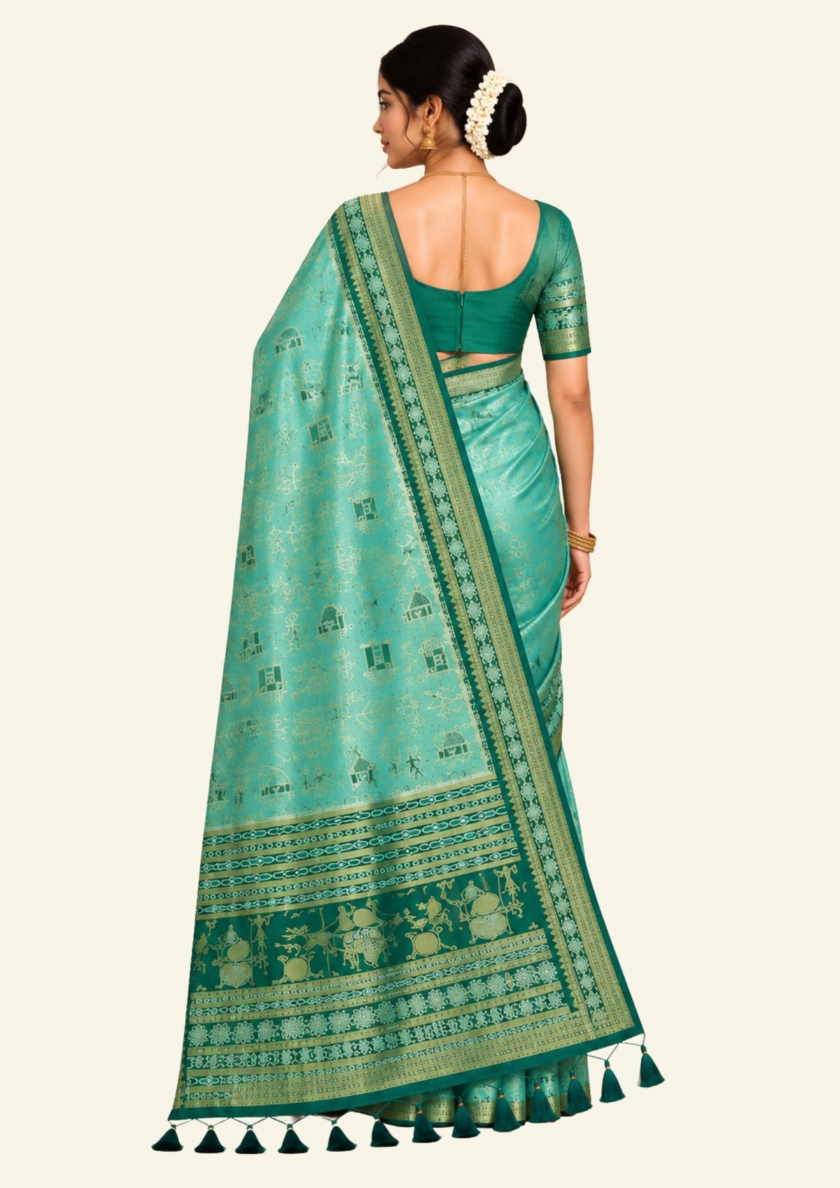Emerald Green Stravi Silk with Golden Zari