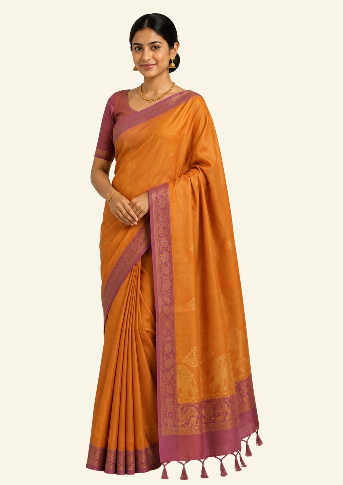 Golden Amber Ambari Silk Saree with Dusky Mauve border and Zari works.