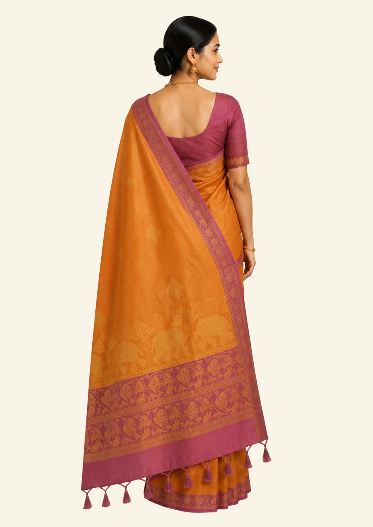 Golden Amber Ambari Silk Saree with Dusky Mauve border and Zari works.