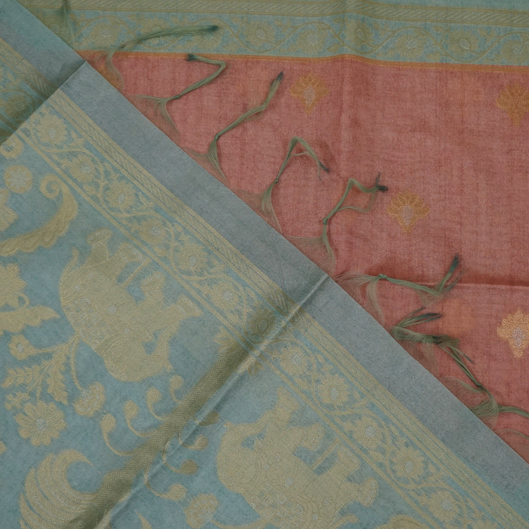 Sandy Amber Ambari Silk Tussar with Seafoam Blue border