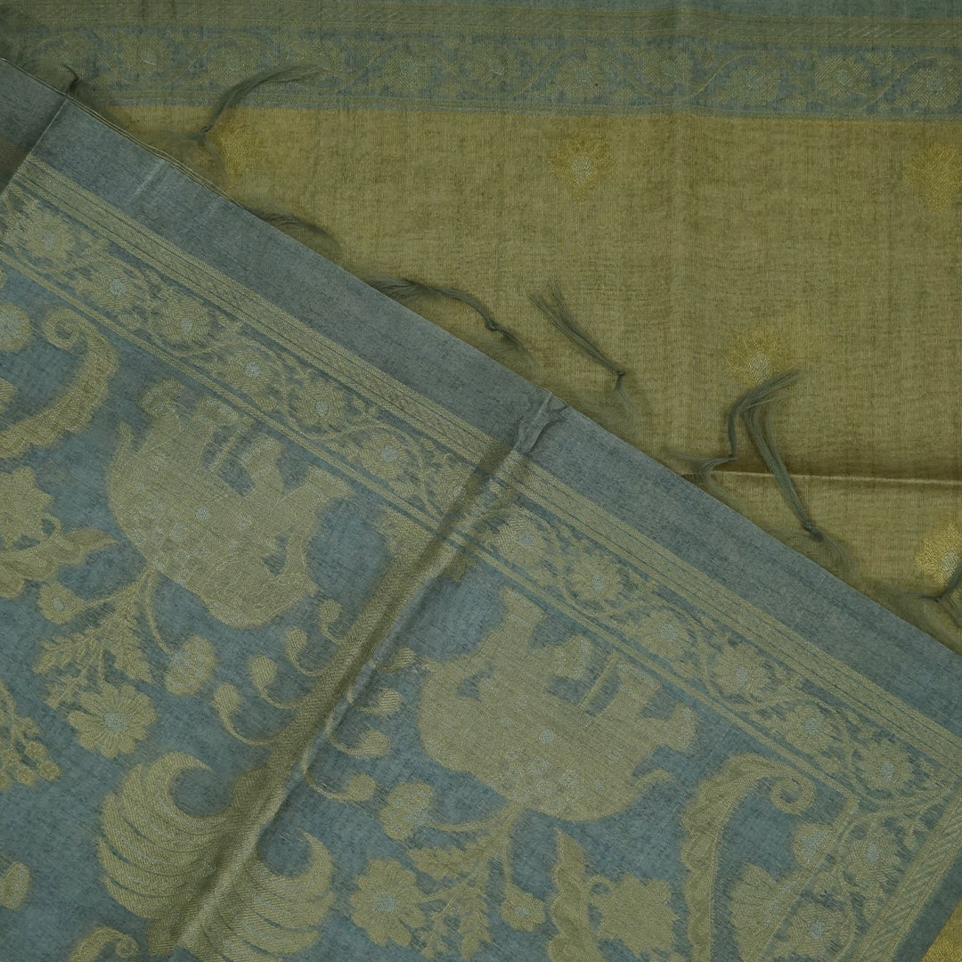 Olive Green Ambari Silk Tussar with Floral and Zari works