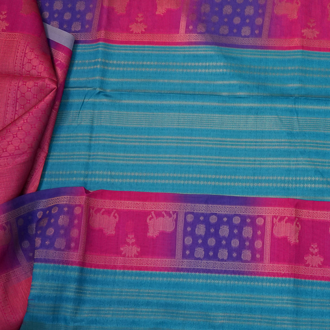 Teal Blue Gokul Tussar with pink and purple border
