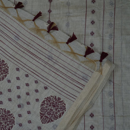 Beige Ishvani Tussar saree with Maroon tassels