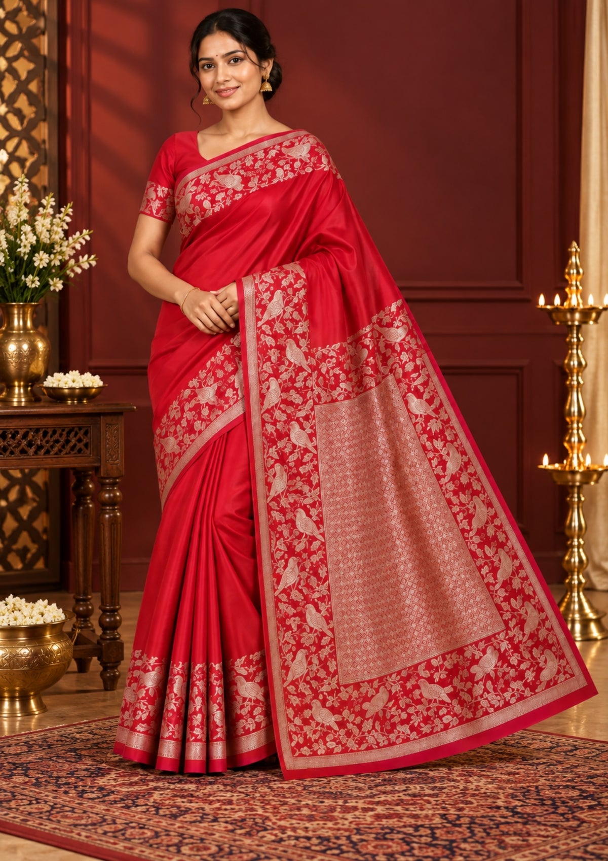 Hamsini Silk saree in Bright crimson red shade with a lustrous silk texture