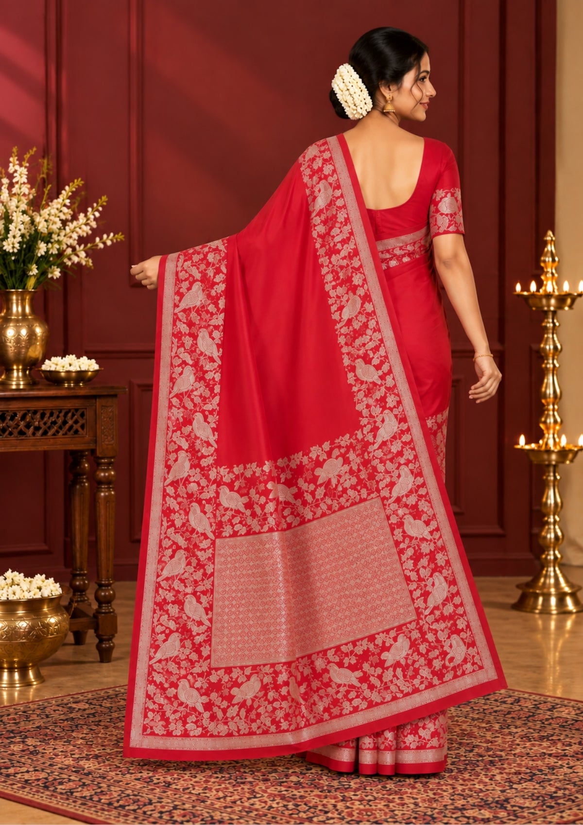 Hamsini Silk saree in Bright crimson red shade with a lustrous silk texture