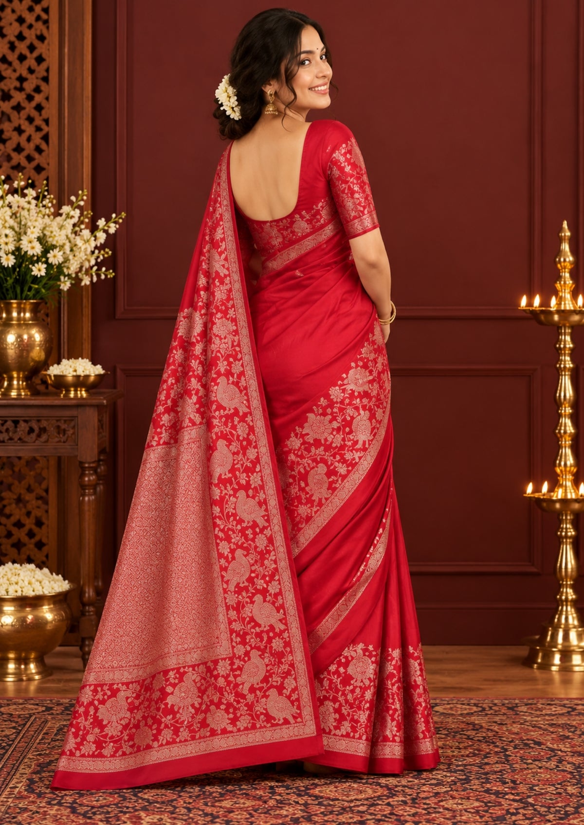 Hamsini Silk saree in Bright crimson red shade with a lustrous silk texture