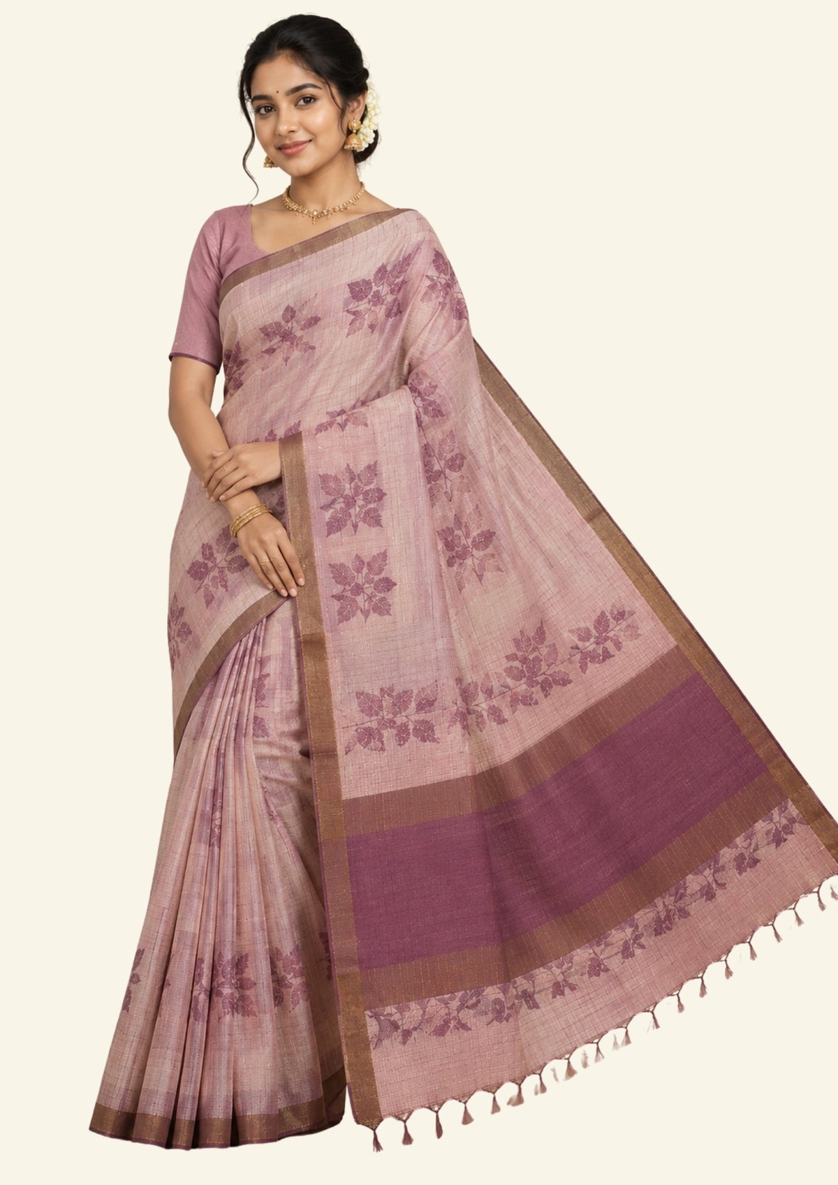 Harini Tussar in soft beige base with maroon leaf motifs and a matching brownish-maroon border, creating an elegant and earthy look.