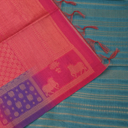 Teal Blue Gokul Tussar with pink and purple border