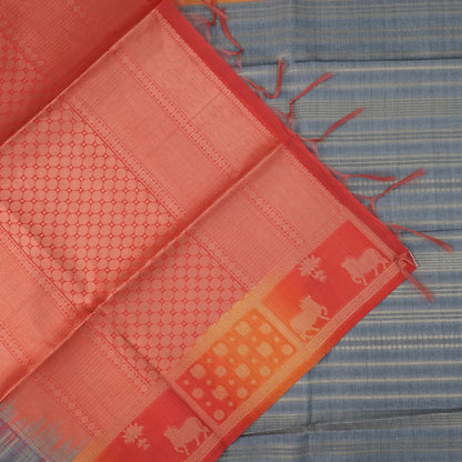 Subtle Grey Gokul Tussar with Red and Orange border.