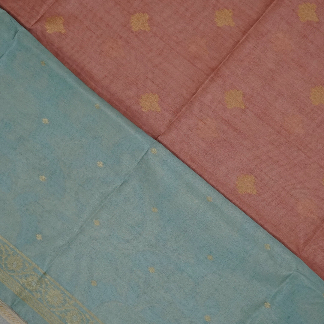 Sandy Amber Ambari Silk Tussar with Seafoam Blue border
