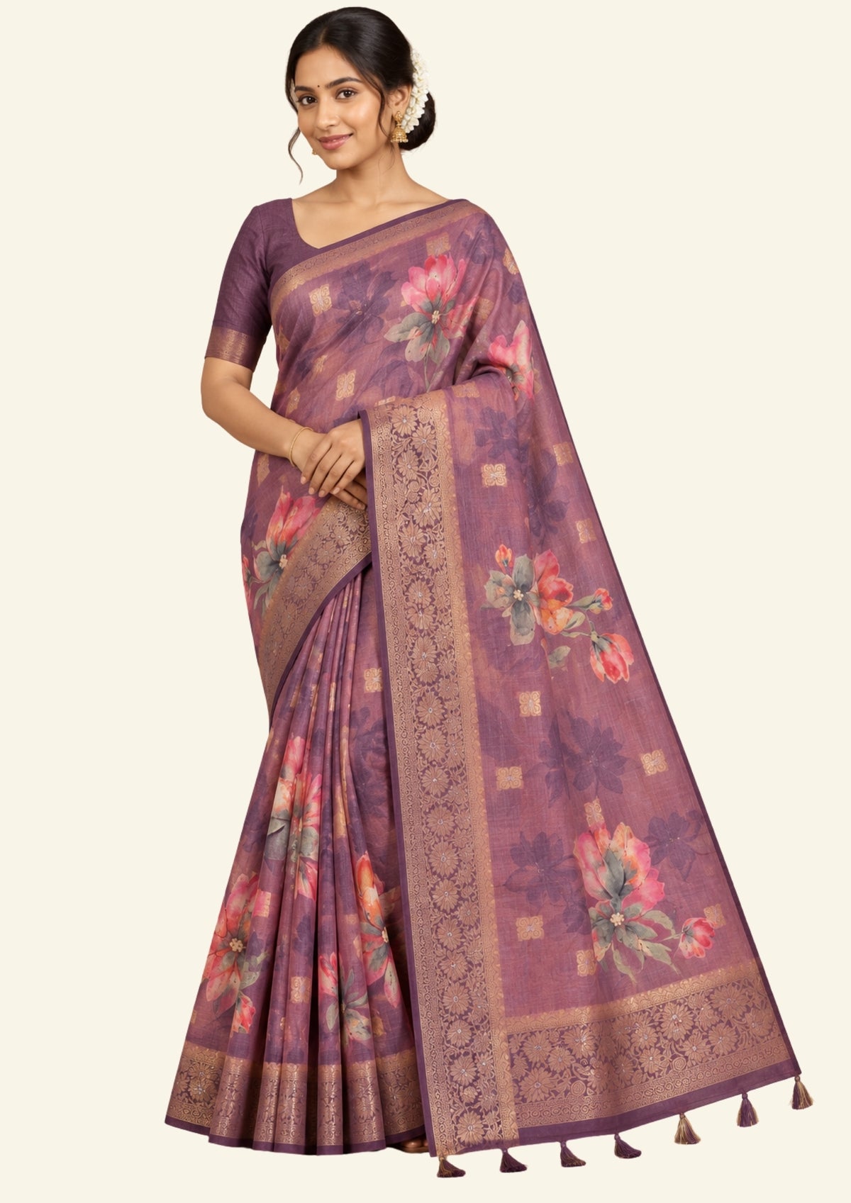 Hirakshi Silk in Mauve - Plum base with floral prints
