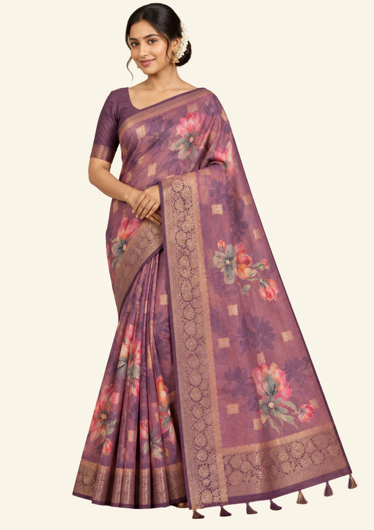 Hirakshi Silk in Mauve - Plum base with floral prints