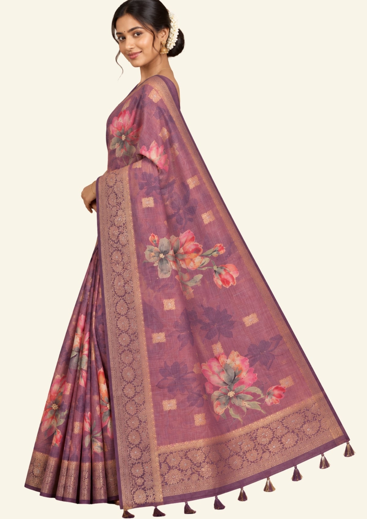 Hirakshi Silk in Mauve - Plum base with floral prints